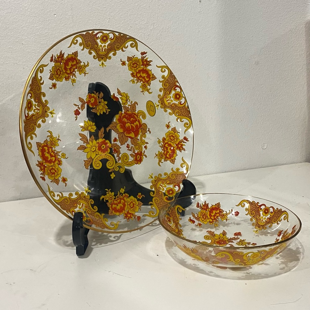 Vintage Glass Serving Plate with Gold Floral Design, Clear